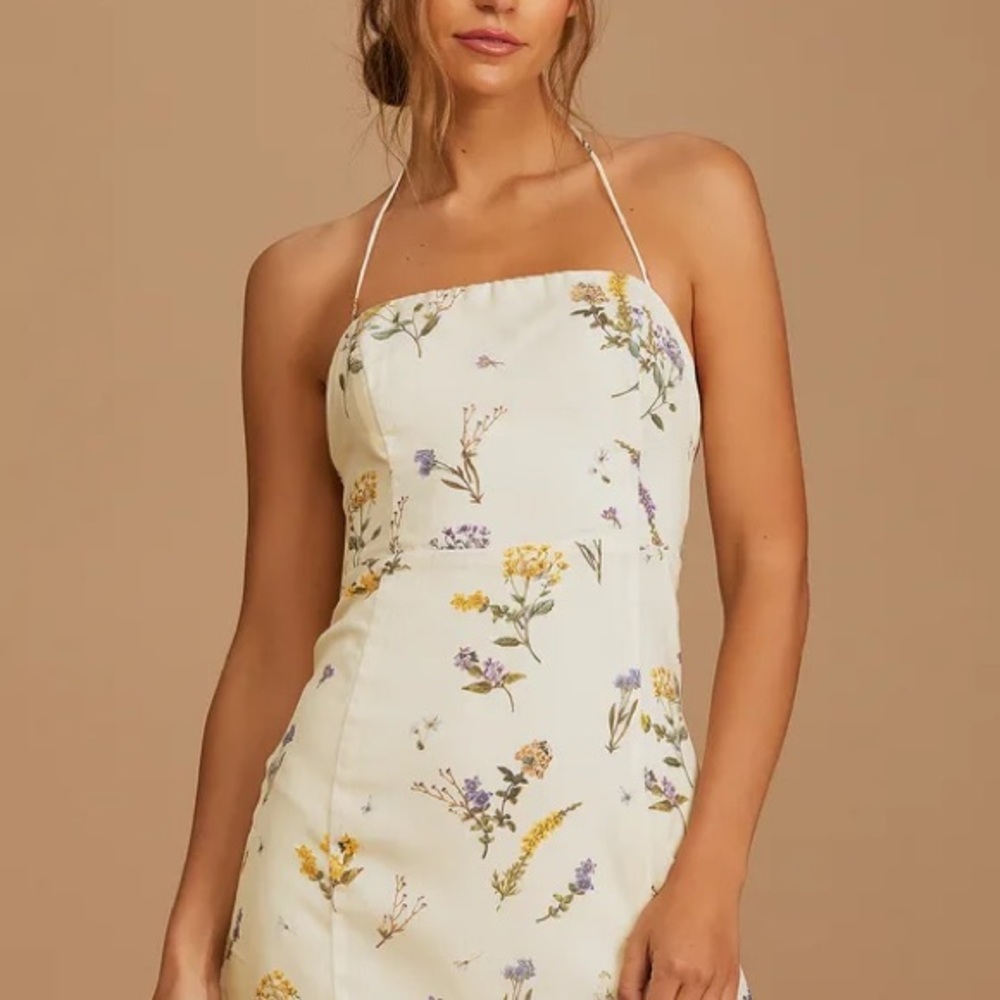 Catch the Bouquet Cream Floral Print Halter Lace-Up Mini Dress